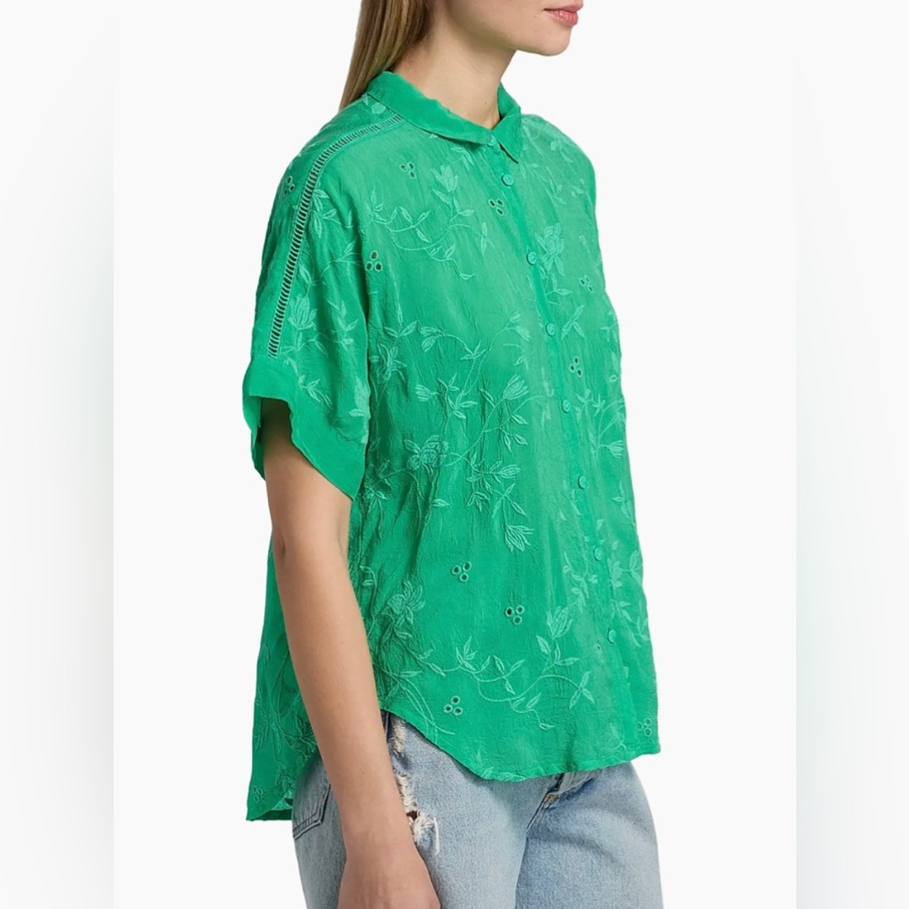 Johnny Was Green Embroidered Button-Front Blouse. XS. NWT.